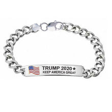 Load image into Gallery viewer, Trump 2020 Keep America Great with American Flag Silver and Gold ID Curb Bracelet MBL402