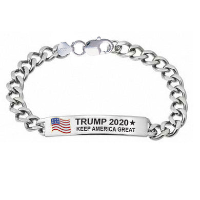 Trump 2020 Keep America Great with American Flag Silver and Gold ID Curb Bracelet MBL402