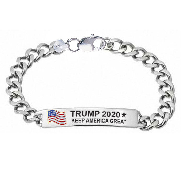 Trump 2020 Keep America Great with American Flag Silver and Gold ID Curb Bracelet MBL402